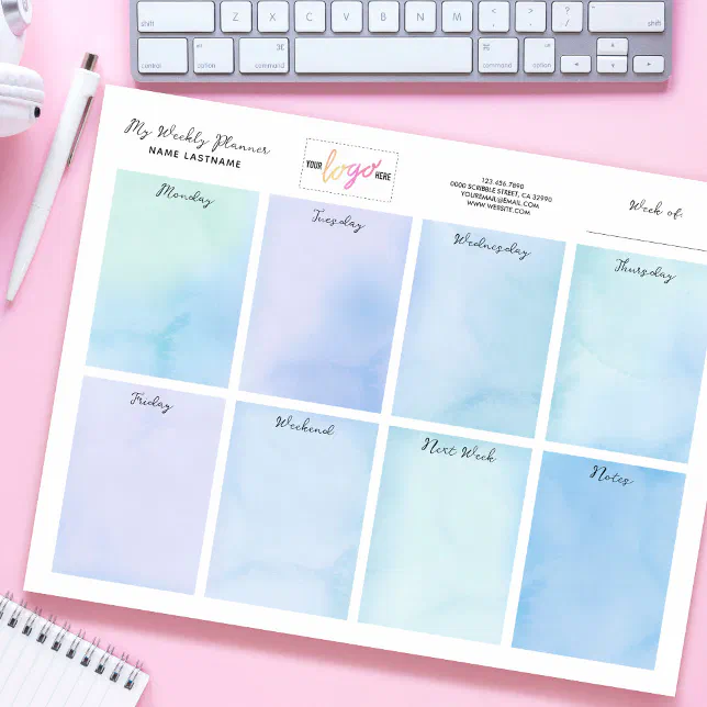 Add Logo Name Blue Watercolor Weekly Planner Notepad | Zazzle