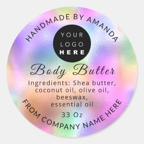 Add Logo Name Body Butter Cosmetics Holograph Pink Classic Round Sticker