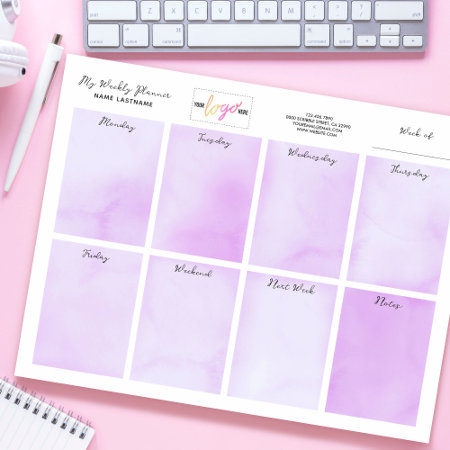 Add Logo Name Purple Watercolor Weekly Planner Notepad