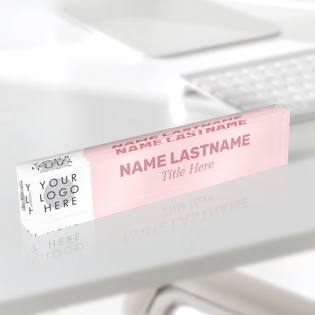 Add Logo Name Title Simple Bold Blush Pink Modern Desk Name Plate (Creator Uploaded)