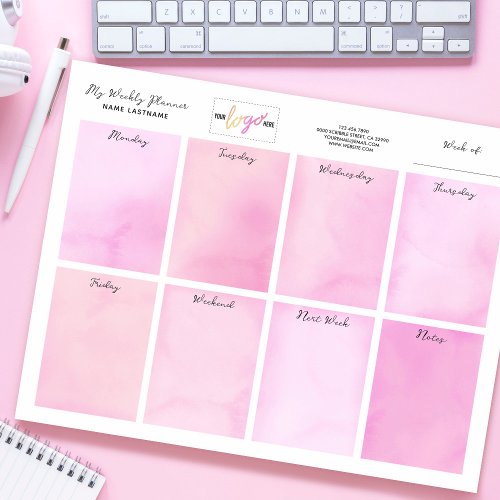  Add Logo Name Watercolor Pink Desk Weekly Planner Notepad