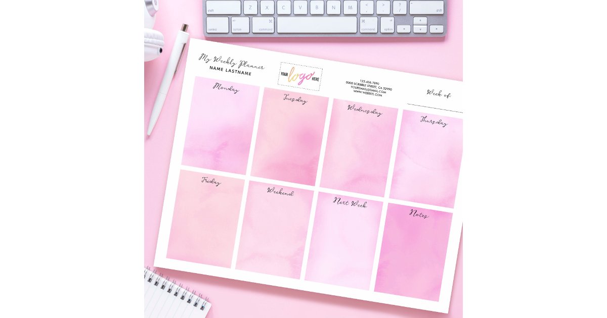 Add Logo Name Watercolor Pink Desk Weekly Planner Notepad | Zazzle