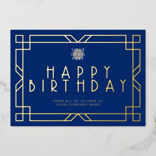 Add Logo Navy Blue Art Deco Business Birthday Gold Foil Invitation