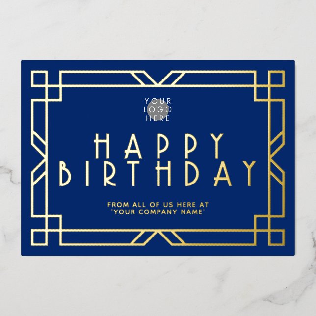 Add Logo Navy Blue Art Deco Business Birthday Gold Foil Invitation (Front)