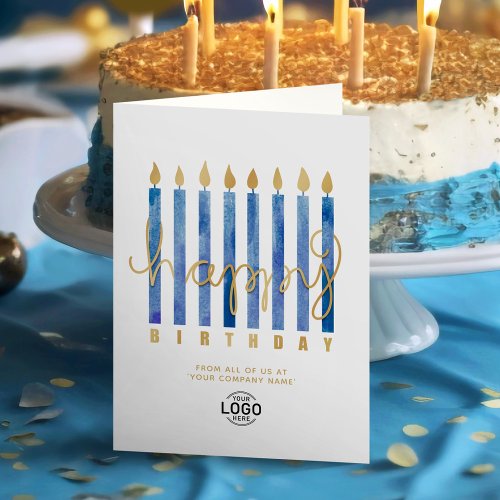 Add Logo Navy Blue Candles Business Happy Birthday Card