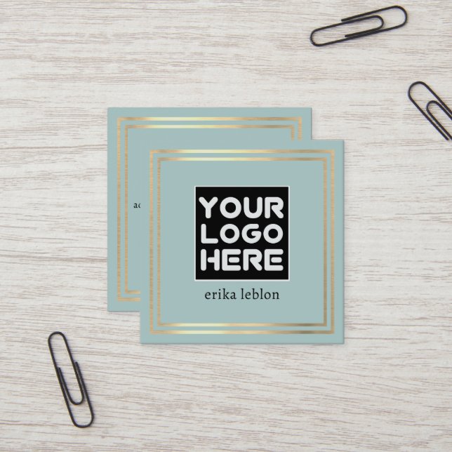 Add Logo on front side | teal blue square Business Card (Front/Back In Situ)