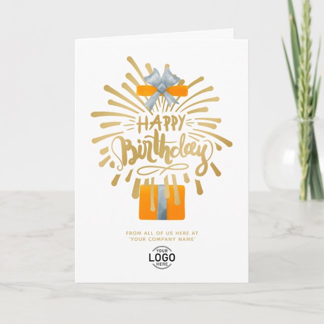 Add Logo Orange Gift Fireworks Business Birthday Card (Front)