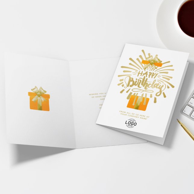 Add Logo Orange Gift Gold Fireworks Group Birthday Card