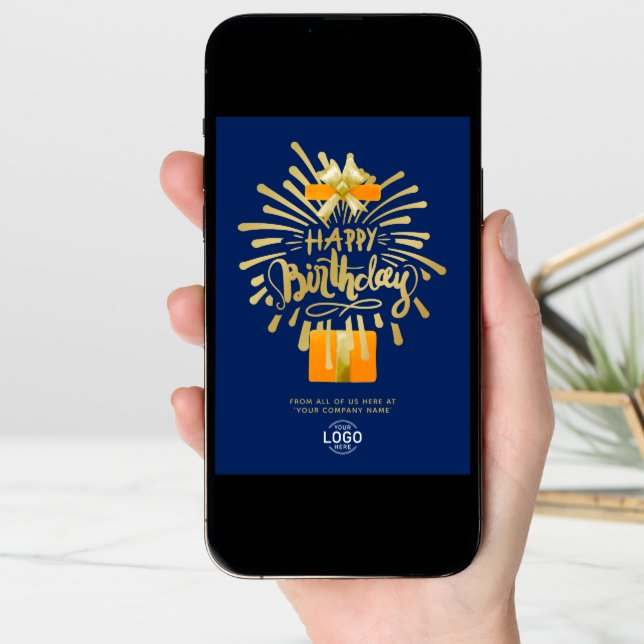 Add Logo Orange Gift Gold Navy Blue Group Birthday Card (Front Digital)