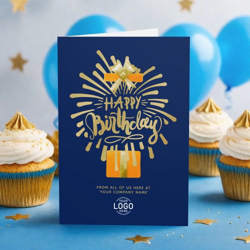 Add Logo Orange Gift Gold Navy Blue Group Birthday Card