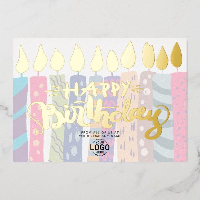 Add Logo Pastel Colorful Candles Business Birthday Foil Invitation (Front)