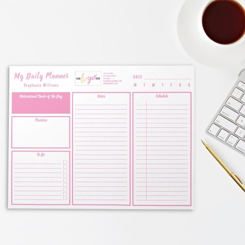 Add Logo Personalized Undated Daily Planner Pink Notepad
