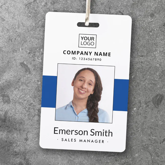 Add logo photo blue white employee name title id badge | Zazzle