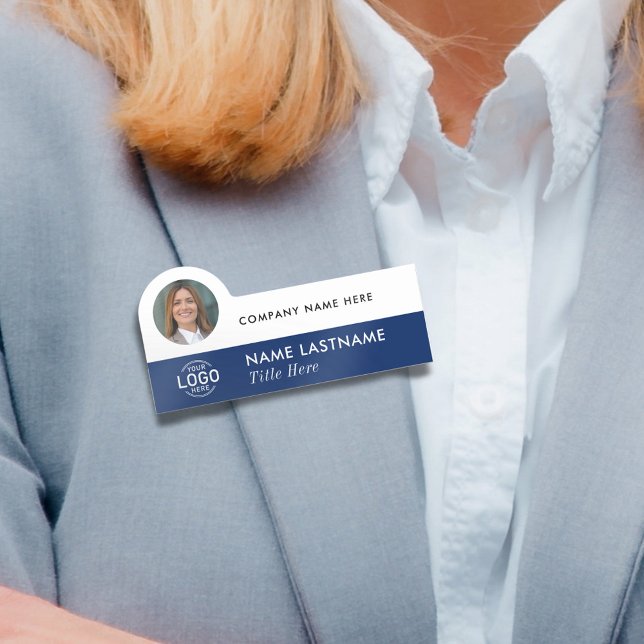 Add Logo Photo Modern Navy Blue White Business Name Tag (Creator Uploaded)