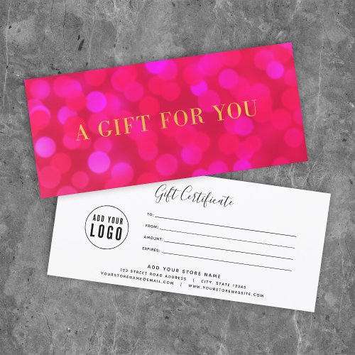 Add Logo Pink Bokeh Lights Gold Gift Certificate