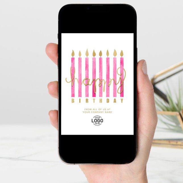 Add Logo Pink Candles Business Happy Birthday Card (Front Digital)