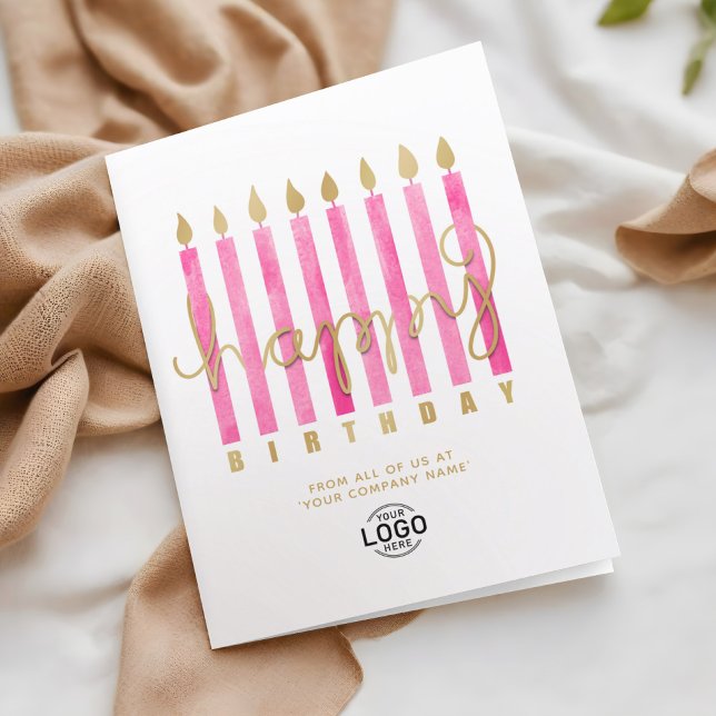 Add Logo Pink Candles Business Happy Birthday Card (Creator Uploaded)