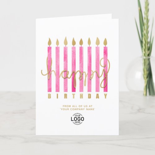 Add Logo Pink Candles Business Happy Birthday Card