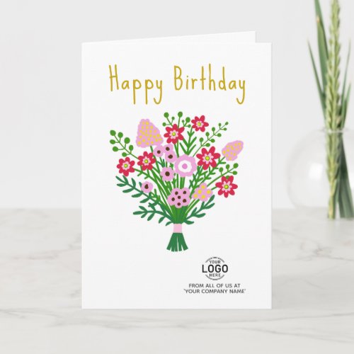 Add Logo Pink Red Folk Flowers Business Birthday Card