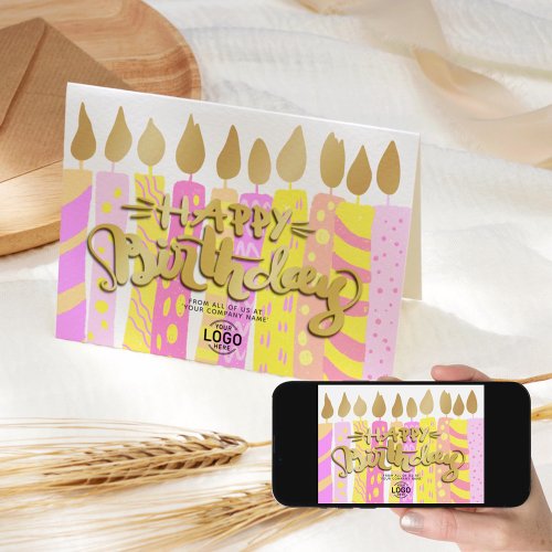 Add Logo Pink Yellow Candles Business Birthday Card