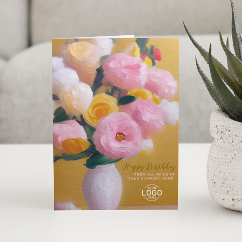 Add Logo Pink Yellow Flowers Business Birthday Card