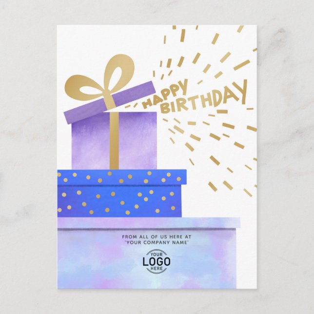 Add Logo Purple Blue Gift Boxes Business Birthday Holiday Postcard (Front)