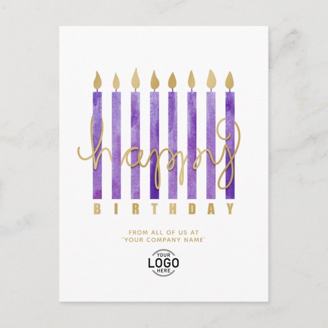 Add Logo Purple Candles Business Happy Birthday Holiday Postcard (Front)
