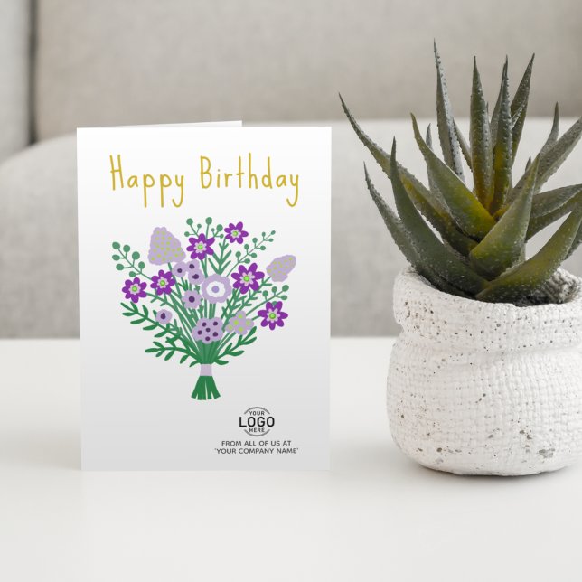 Add Logo Purple Folk Bouquet Business Birthday Card (Creator Uploaded)