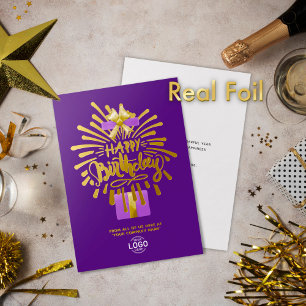 Add Logo Purple Gift Fireworks Business Birthday Foil Invitation