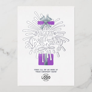 Add Logo Purple Gift Fireworks Business Birthday Foil Invitation
