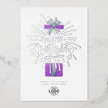 Add Logo Purple Gift Fireworks Business Birthday Foil Invitation by pinkpinetree at Zazzle