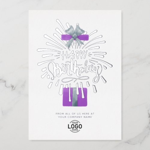 Add Logo Purple Gift Fireworks Business Birthday Foil Invitation