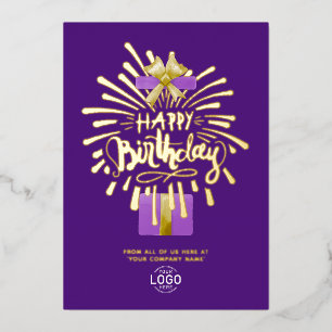 Add Logo Purple Gift Fireworks Business Birthday Foil Invitation
