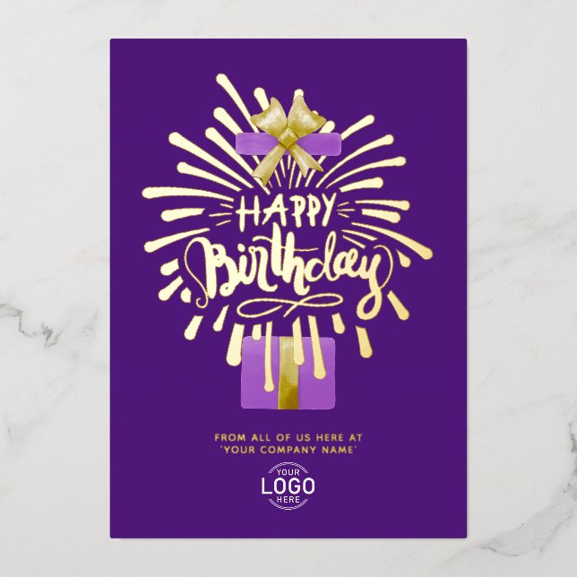 Add Logo Purple Gift Fireworks Business Birthday Foil Invitation (Front)