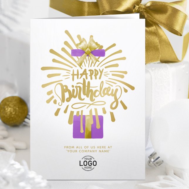 Add Logo Purple Gift Gold Fireworks Group Birthday Card (Creator Uploaded)