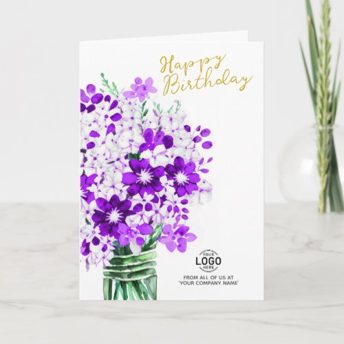 Add Logo Purple White Flowers Business Birthday Card