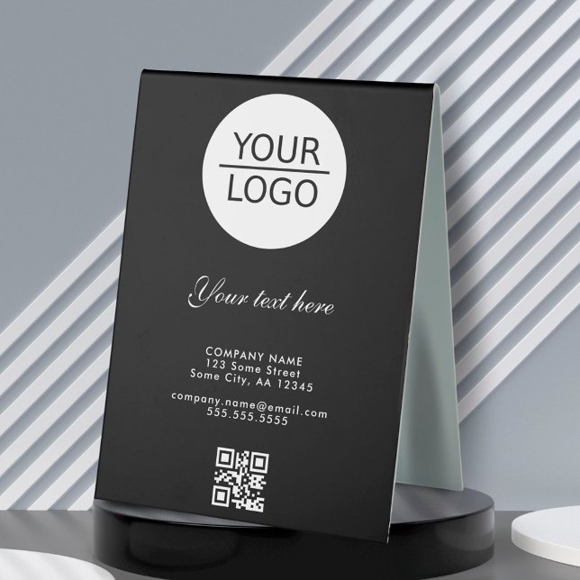 Add Logo QR Code Custom Text Company Black Table Tent (Creator Uploaded)