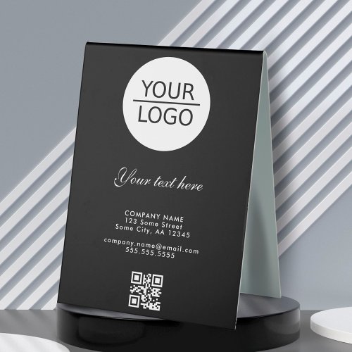 Add Logo QR Code Custom Text Company Black Table Tent Sign