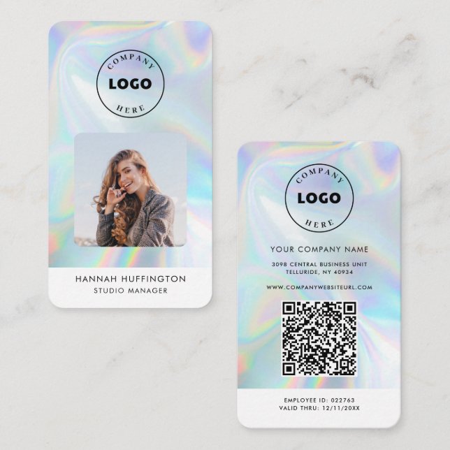 Add Logo QR Code Employee Photo Holographic Business Card (Front/Back)