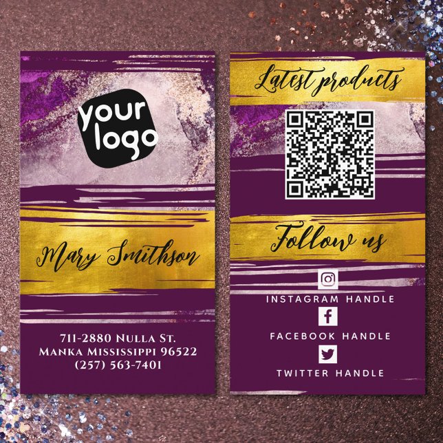 Add Logo & QR Code Modern Gold Purple Personalized Business Card (Creator Uploaded)