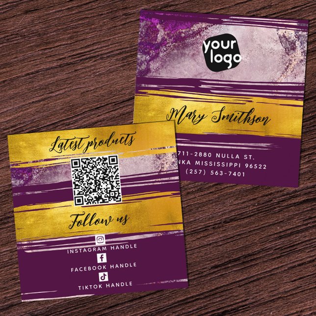 Add Logo & QR Code Modern Gold Purple Personalized Square Business Card (Creator Uploaded)