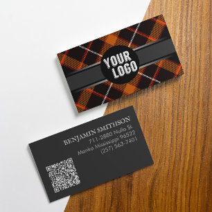Add Logo, QR Code Orange Grey Plaid Modern Branded Business Card