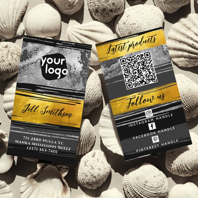  Add Logo QR Code Social Media Black Gold Charcoal Business Card (Creator Uploaded)