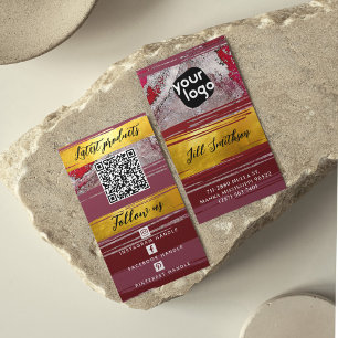 Add Logo QR Code & Social Media Bordeaux Red Gold Business Card