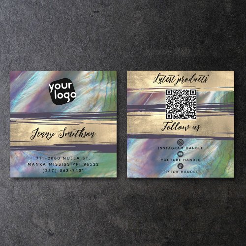 Add Logo QR Code Social Media Gold Mother of Pearl Square Business Card