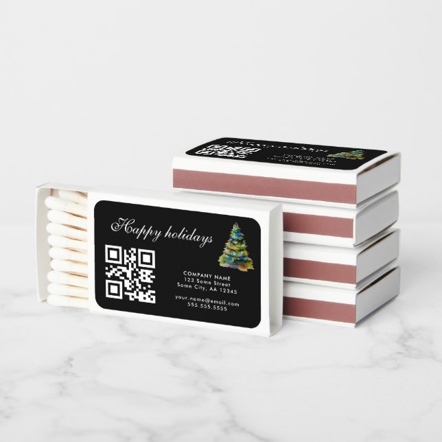 Add Logo QR Code Text Christmas Tree Black Matchboxes (Stacked)