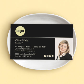 Add Logo Real Estate Agent Black Photo Business  Business Card by sm_business_cards at Zazzle