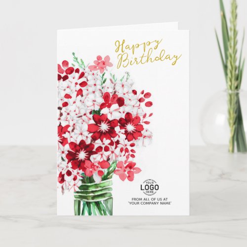 Add Logo Red White Flowers Business Birthday Card