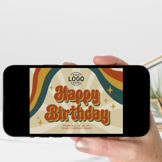Add Logo Retro Corporate Business Happy Birthday Card (Front Digital)