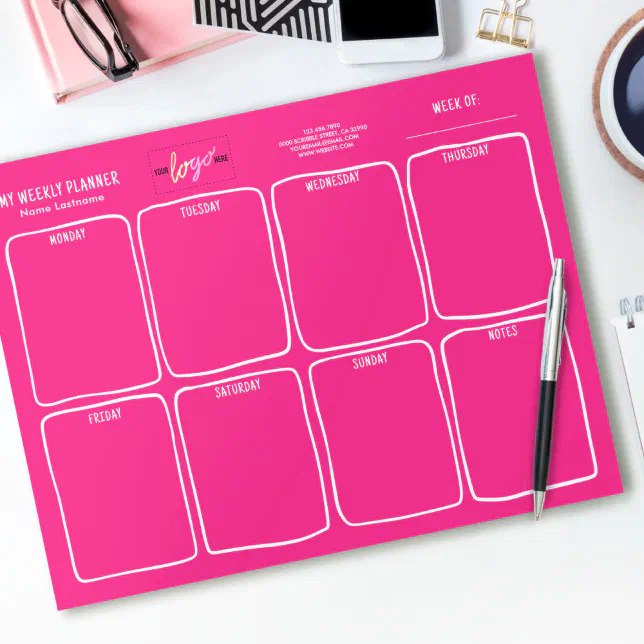 Add Logo Simple Girly Bright Pink Weekly Planner Notepad | Zazzle